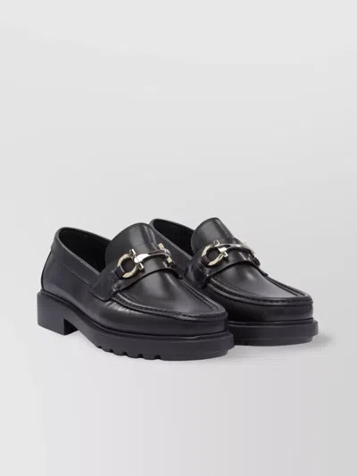 Ferragamo Leather Loafer With Gancini Metal Detail In Black