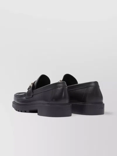 Ferragamo Leather Loafer With Gancini Metal Detail In Black