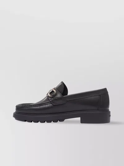 Ferragamo Leather Loafer With Gancini Metal Detail In Black