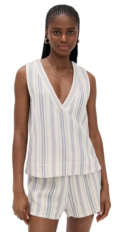 Faherty Dune Cotton Gauze Popover Top Aqua Sea Stripe In White