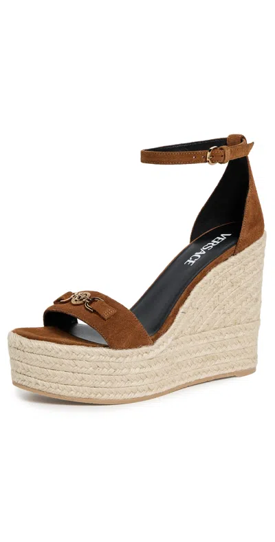 Versace Leather Espadrille Wedges 120 In Brown