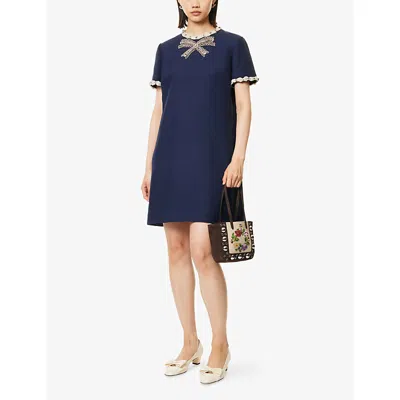 Valentino Garavani Wool And Silk Embroidered Dress In Blue