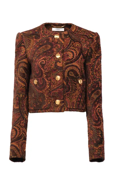 Chloé Boxy Collarless Jacket In Tapestry Jacquard In Brown