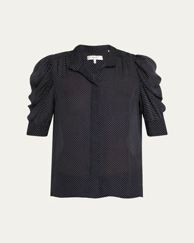 Frame The Gillian Ruched Polka-dot Silk-crepe Blouse In Blue