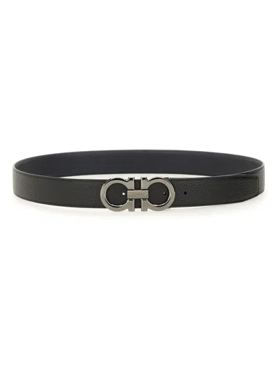 Ferragamo Reversible Textured Calfskin Belt In Black