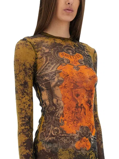 Jean Paul Gaultier Mesh Crew Neck Catsuit Printed Medaillon In Green