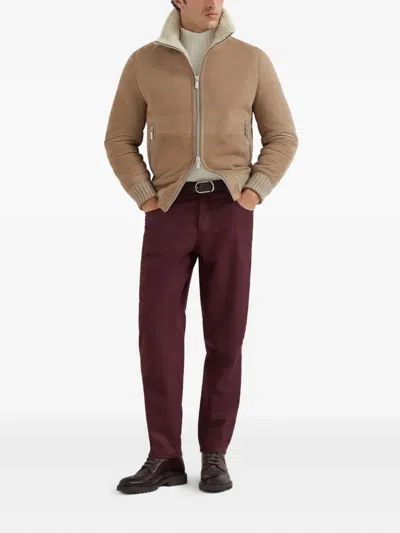 Brunello Cucinelli Suede Curly Shearling Bomber Jacket With Cashmere Knit Collar In Brown