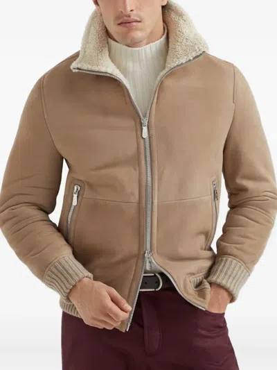 Brunello Cucinelli Suede Curly Shearling Bomber Jacket With Cashmere Knit Collar In Brown