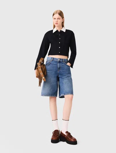 Maje Stretch-cotton Cropped Shirt In Black