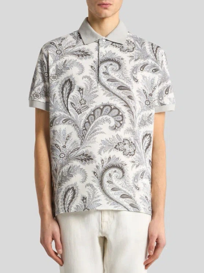 Etro Paisley Print Cotton Polo Shirt In White