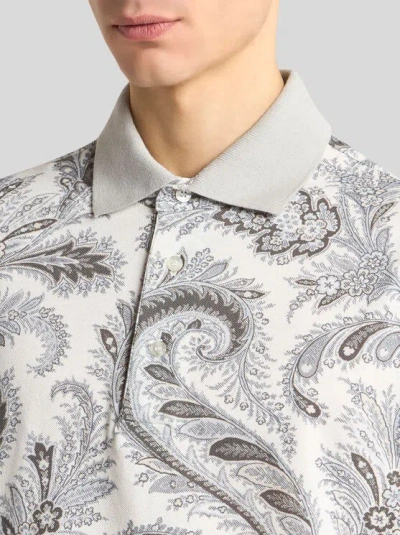 Etro Paisley Print Cotton Polo Shirt In White