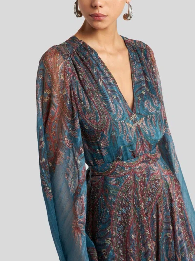 Etro Women Light Blue Paisley Print Pekin Crepon Long Dress