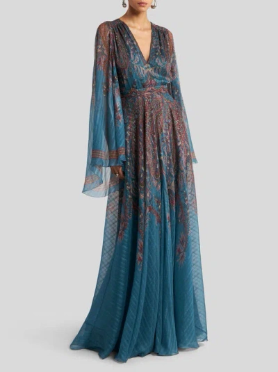 Etro Women Light Blue Paisley Print Pekin Crepon Long Dress