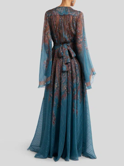 Etro Women Light Blue Paisley Print Pekin Crepon Long Dress