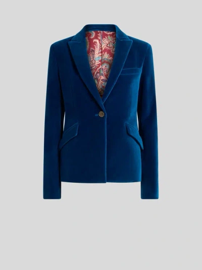 Etro Single-breasted Velvet Blazer In Blue