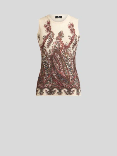 Etro , Silk And Cashmere Top With Placed Print, Woman, Multicolour, Size 50 In Multi