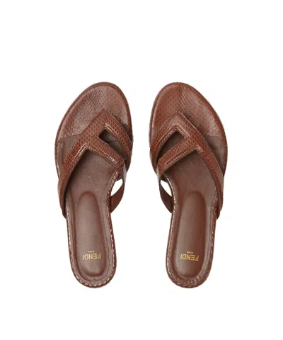 Fendi Textured Leather Thong Sandals With Silhouette In Brown