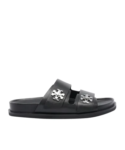 Tory Burch Double Strap Leather Flat Sandals In Black