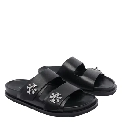 Tory Burch Double Strap Leather Flat Sandals In Black