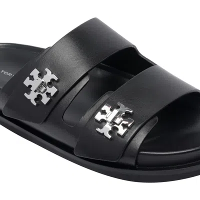Tory Burch Double Strap Leather Flat Sandals In Black