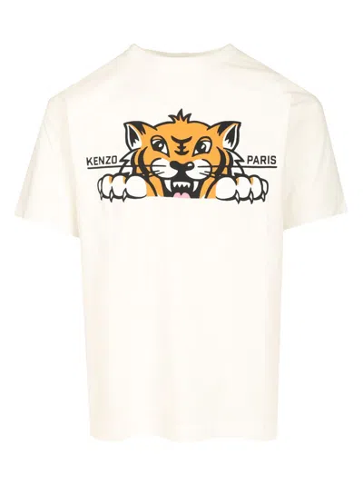 Kenzo 'gots Happy Tiger' White Crewneck T-shirt With Maxi Logo Embroidery On The Front And Logo Lettering In White