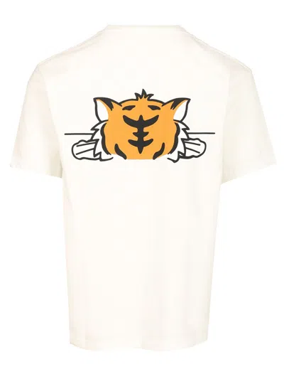 Kenzo 'gots Happy Tiger' White Crewneck T-shirt With Maxi Logo Embroidery On The Front And Logo Lettering In White