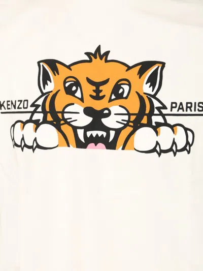 Kenzo 'gots Happy Tiger' White Crewneck T-shirt With Maxi Logo Embroidery On The Front And Logo Lettering In White