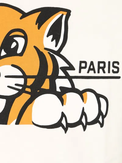 Kenzo 'gots Happy Tiger' White Crewneck T-shirt With Maxi Logo Embroidery On The Front And Logo Lettering In White