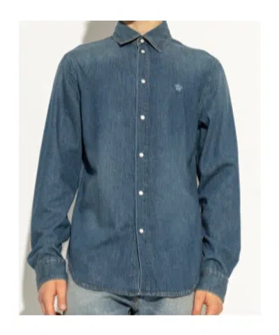 Versace Medusa Patch Denim Snap-up Shirt In Blue