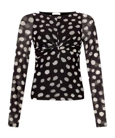 Liu •jo Crewneck Polka Dots Ruched Twist Front Top In Black
