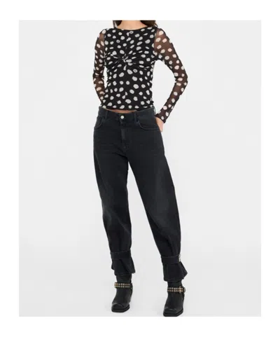 Liu •jo Crewneck Polka Dots Ruched Twist Front Top In Black