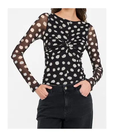 Liu •jo Crewneck Polka Dots Ruched Twist Front Top In Black