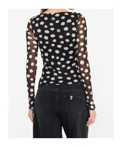 Liu •jo Crewneck Polka Dots Ruched Twist Front Top In Black