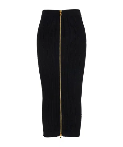 Balmain Black Viscose Blend Ribbed Knit Midi Skirt