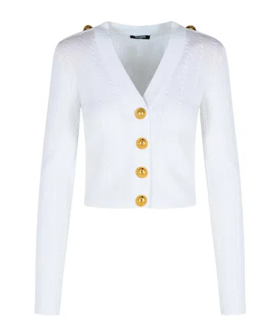 Balmain V-neck Cable Knit Cardigan With Gold-tone Buttons In White