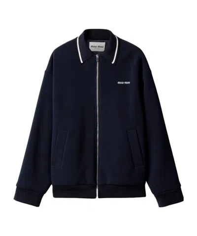 Miu Miu Piquet Jacket With Ribbed Cuffs And Hem In Blue