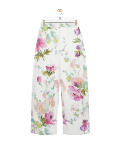 Loewe Floral Print Wide Leg Denim Trousers In White