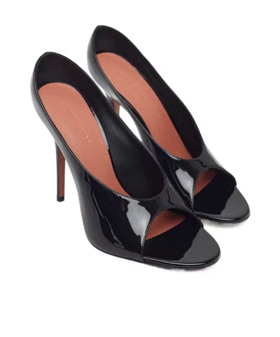 Amina Muaddi Black Calf Leather Bos Taurus Stiletto Heel Sandals In Black