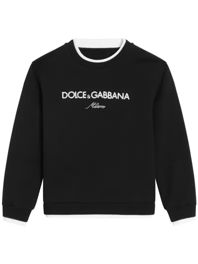 Dolce & Gabbana Crew Neck Fleece Sweatshirt With Dolce&gabbana Embroidery In Black