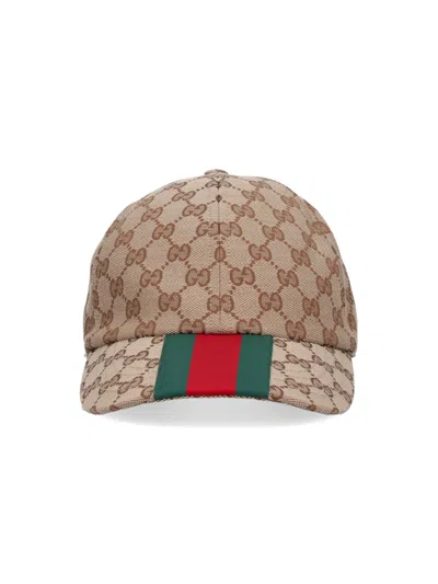 Gucci Men Beige And Ebony Baseball Cap With Web Detail In Gg Supreme Canvas Man In Green