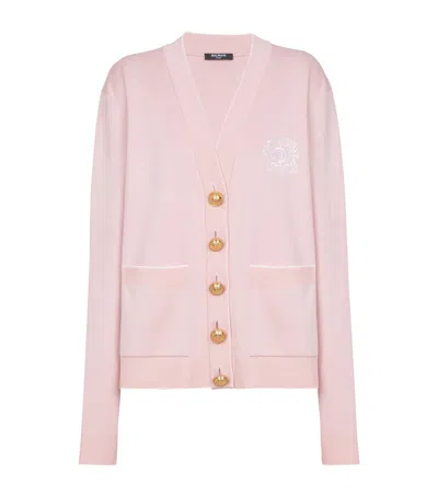 Balmain Emblem Embroidered Knit Cardigan In Pink