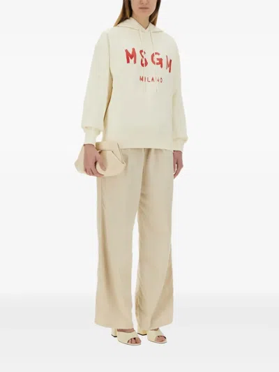 Msgm Brushed Logo Hoodie Ribbed Finish In Beige