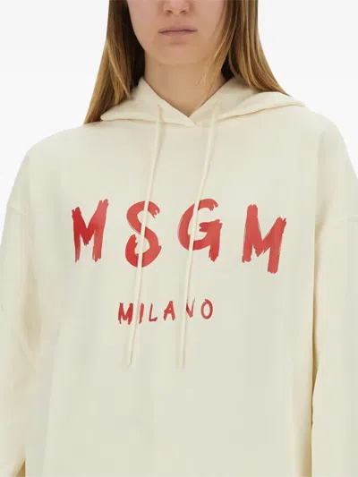 Msgm Brushed Logo Hoodie Ribbed Finish In Beige