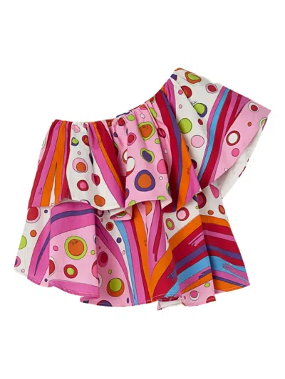 Pucci Junior Fontane-print Ruffled One-shoulder Top In Multi