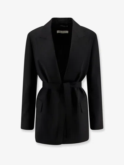 Max Mara Waist Belted Flap Pockets Notched Lapels In Black
