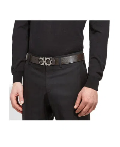 Ferragamo Double-sided Adjustable Gancini Double Buckle Belt In Black