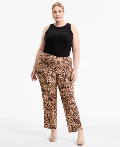 Inc International Concepts Plus Size Printed Mid-rise Straight-leg Pants, Exclusively At Macy's In Brown