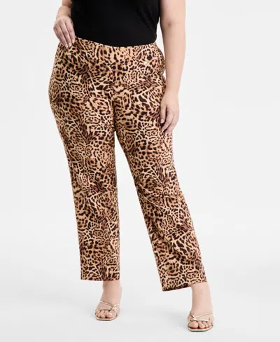 Inc International Concepts Plus Size Printed Mid-rise Straight-leg Pants, Exclusively At Macy's In Brown