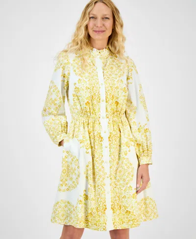 Julia Jordan Placed Paisley Floral Long Sleeve Cotton Shirtdress