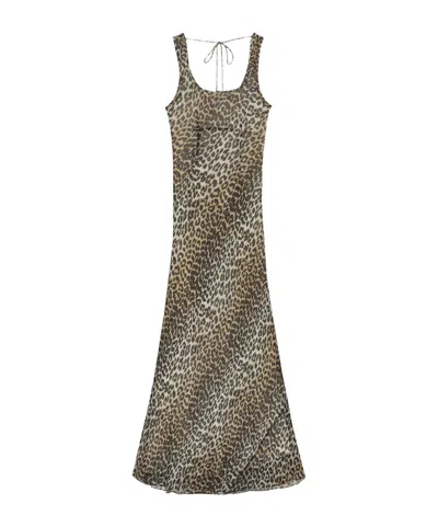 Ganni Animal Print Scoop Neckline Floor-length Dress In Brown